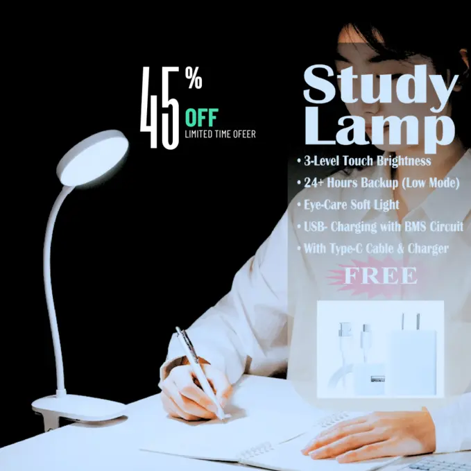 Rechargeable study desk lamp with 3-level touch brightness and USB charging – ideal for students