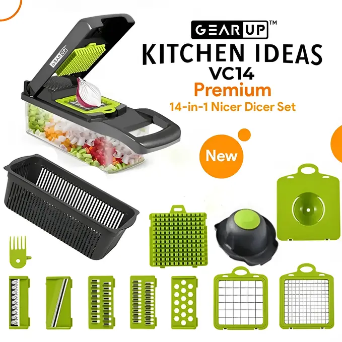 GEAR UP™ 14-in-1 Nicer Dicer Set – মাল্টিফাংশনাল ফুড চপার ও স্লাইসার, বিভিন্ন ব্লেড ও ড্রেন বাস্কেটসহ।