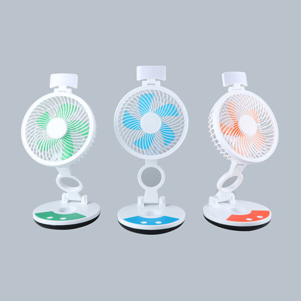 ZT-329 Rechargeable Table Fan in three colors – Sky Blue, Light Green, and Orange with LED light and adjustable stand