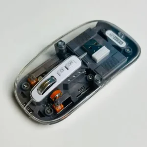 GearUP WM30 Transparent Crystal Wireless Mouse in Gray Color featuring Bluetooth and 2.4G dual connectivity, magnetic top, and USB-C rechargeable battery – perfect for modern workstations.
