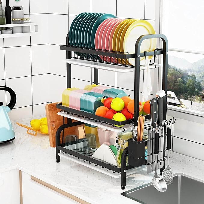 3 Layer Layer Dish Drying Rack With Cover Layer Dish Rack Dish Drying Rack - Image 2